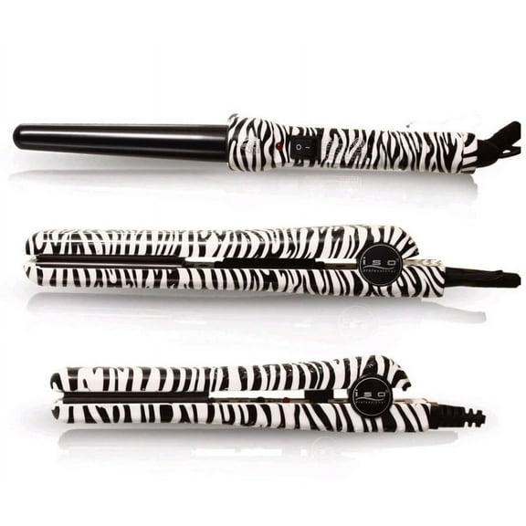 ISO Beauty Full Set with 1.25" Hair Straightener, Curling Iron Wand and Mini Flat Iron Complete Full Set (White Zebra)