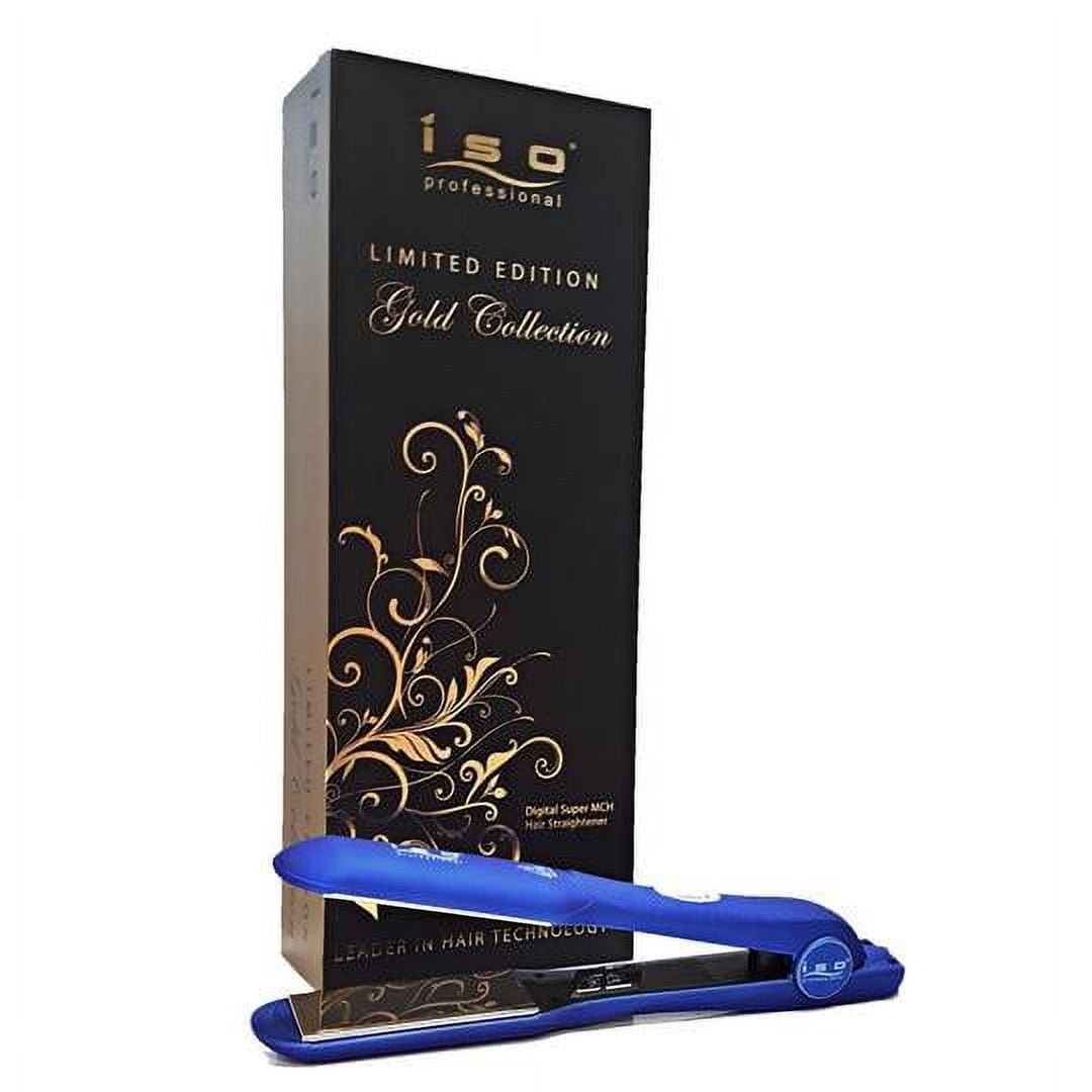 ISO Beauty Gold Collection 1.5 inch Titanium Plates Digital Infrared Hair Straightener Metallic Blue Flat Iron with Temp Control, Auto Shut Off and Smart Memory