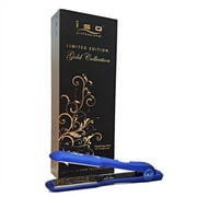 مجموعة ISO Beauty Gold 1.5 بوصة من ألواح التيتانيوم مكواة الشعر بالأشعة تحت الحمراء الرقمية المعدنية الزرقاء المسطحة مع التحكم في درجة الحرارة ، وإيقاف التشغيل التلقائي والذاكرة الذكية