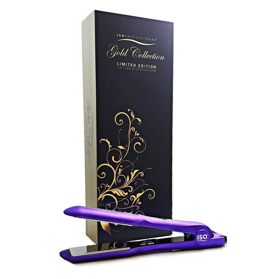 ISO Beauty Gold Collection Professional 1.5" Titanium Flat Iron Hair Straightener with Adjustable Auto Power Off, Smart Memory, Temp Control & LCD Display, Metallic Purple