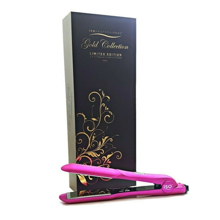 ISO Beauty Gold Collection Professional 1.5" Titanium Flat Iron Hair Straightener with Adjustable Auto Power Off, Smart Memory, Temp Control & LCD Display, Metallic Pink