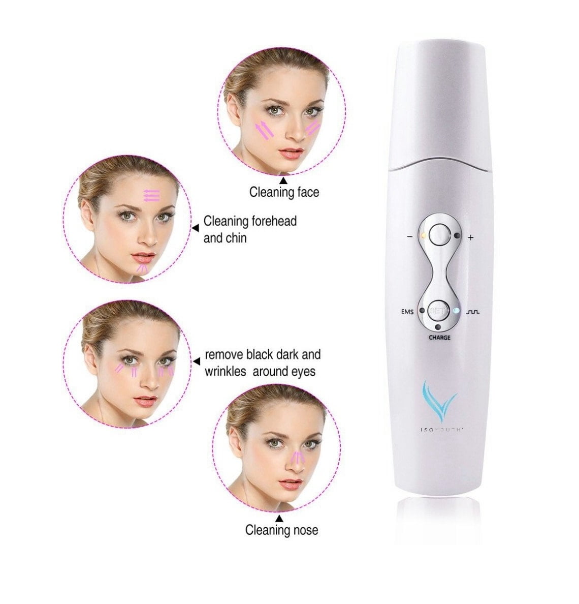 ISO Beauty Youth Collection EMS Pro Ultrasonic and Ion Technology Device For Deep Facial Skin Cleansing and Exfoliating