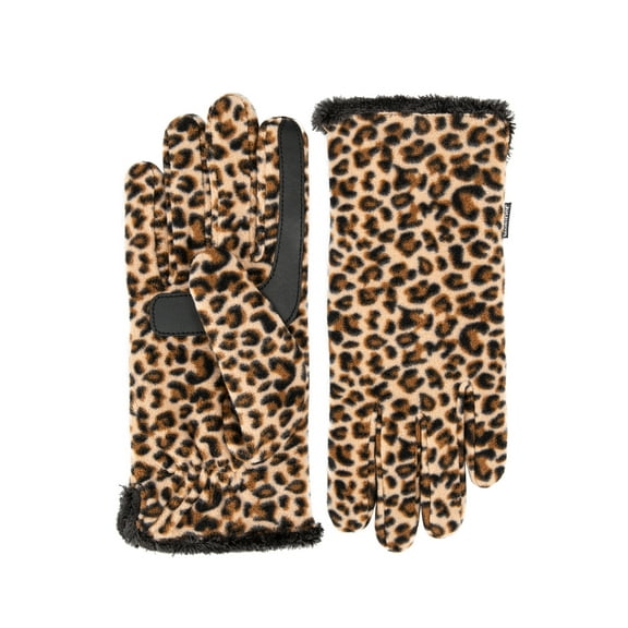 Isotoner Women's Water Repellent Fleece Touchscreen Gloves, Cheeta with Black Plush Lining