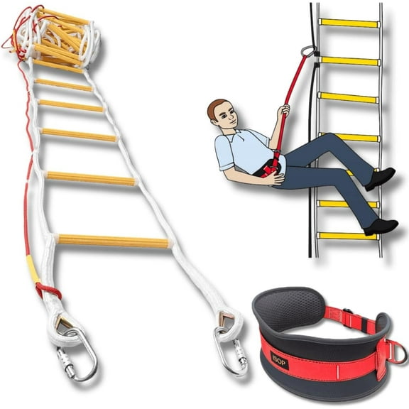 ISOP Emergency Fire Escape Rope Ladder 3-4 Story Homes 32 ft Flame Resistant Unique Safety Ladder with Hooks & Safety Cord & Safety Belt - Fast Deploy & Simple to Use - Compact & Reusable