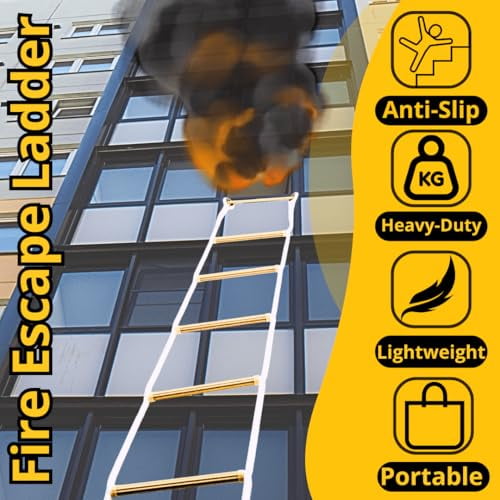 ISOP Fire Ladders 2 Story Windows with Hooks 13ft | Fire Escape Rope Ladders Second Floor | Safety Rope Ladder for Adults & Kids | Compact, Rust Resistant | Resue Ladder Hooks | Certified, Tested