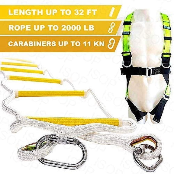 ISOP Rope Ladder Fire Escape Use for 4 Story Homes | Fire Ladder with Full Body Harness | 32 ft