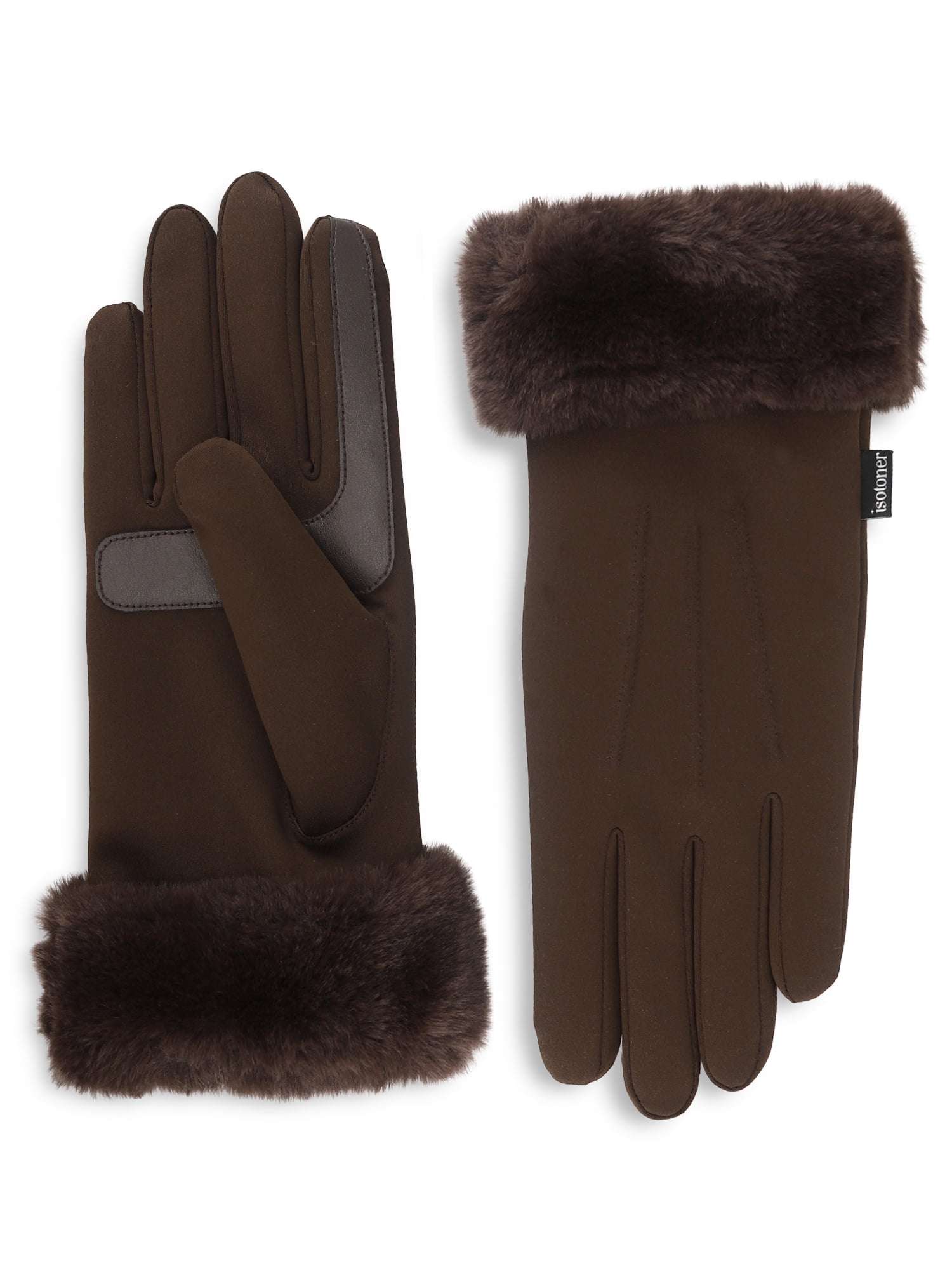 Isotoner Women's Ultraplush Spandex Gloves with Faux Fur Cuff, Brown, L/XL
