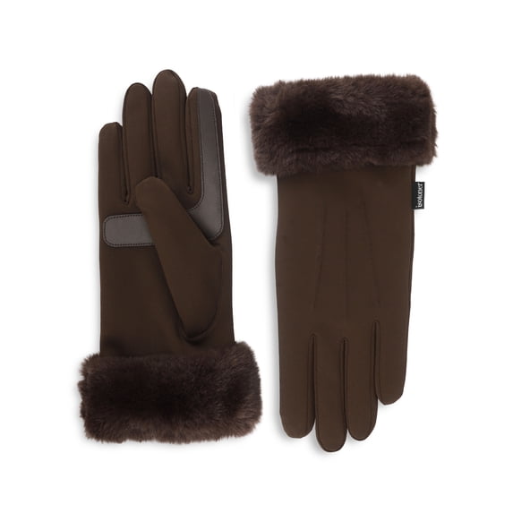 Isotoner Women's Ultraplush Spandex Gloves with Faux Fur Cuff, Brown, S/M