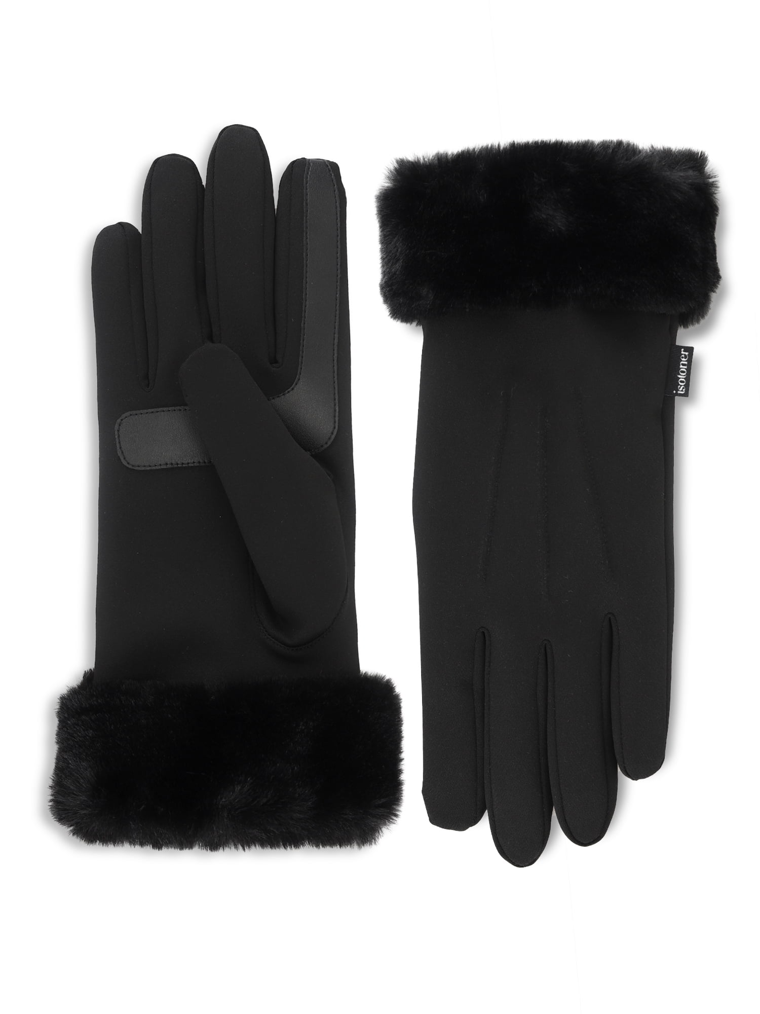 Isotoner Women's Ultraplush Spandex Gloves with Faux Fur Cuff, Black, L/XL