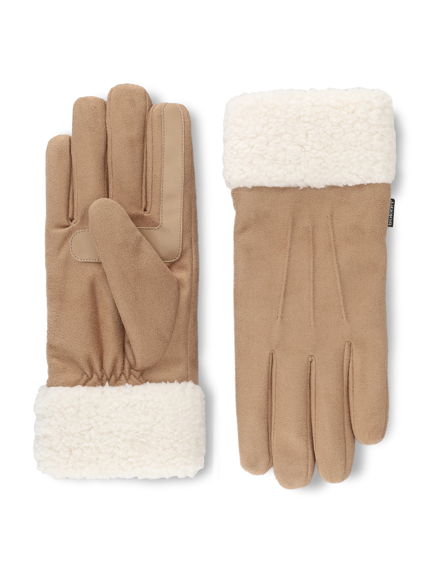 Isotoner Women's Ultraplush Microsuede Gloves with Sherpa Cuff, Beige, L/XL