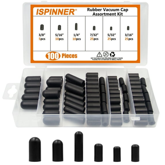 ISPINNER 100pcs Rubber Vacuum Cap, Vacuum Plugs Hose End Caps Assortment Kit for Carburetor, Manifold, Automotive 3/16'' 5/32" 7/32" 1/4" 5/16'' 3/8''