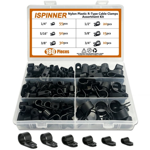 ISPINNER 180pcs Black Nylon Plastic Cable Clamps, R-Type Cord Clips 1/4" 5/16" 3/8" 1/2" 5/8" 3/4" Assortment Kit