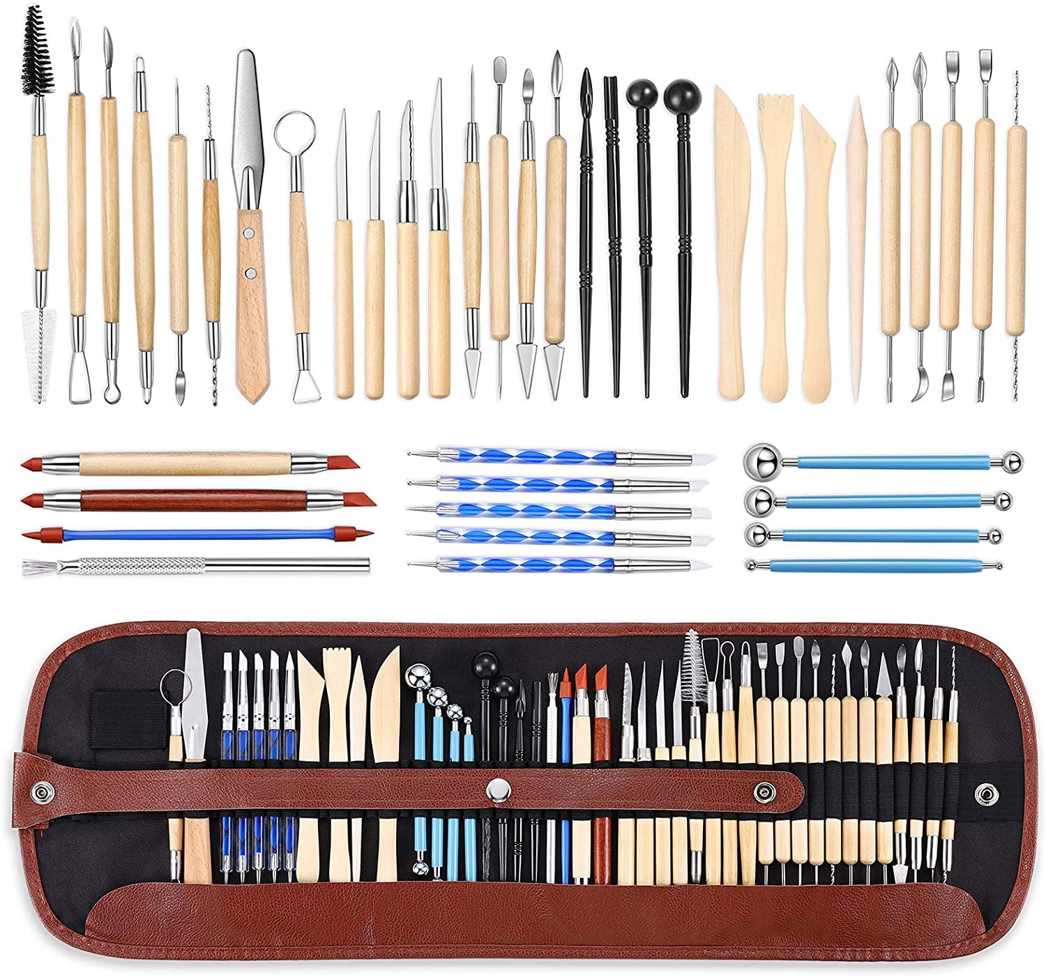 ISSEVE Pottery Clay Sculpting Tools 43Pcs Double Sided Ceramic Carving Tool Set with Carrying Case Bag for Beginners Professionals School Student Modeling Smoothing