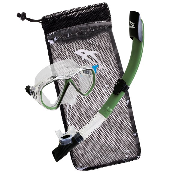 IST Compact Snorkeling Combo Set: Shatterproof Mask, Semi Dry Top Snorkel & Travel Mesh Drawstring Bag (Clear Silicone/Green, Small)