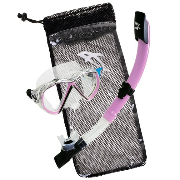 IST Compact Snorkeling Combo Set: Shatterproof Mask, Semi Dry Top Snorkel & Travel Mesh Drawstring Bag (Clear Silicone/Purple, Regular)