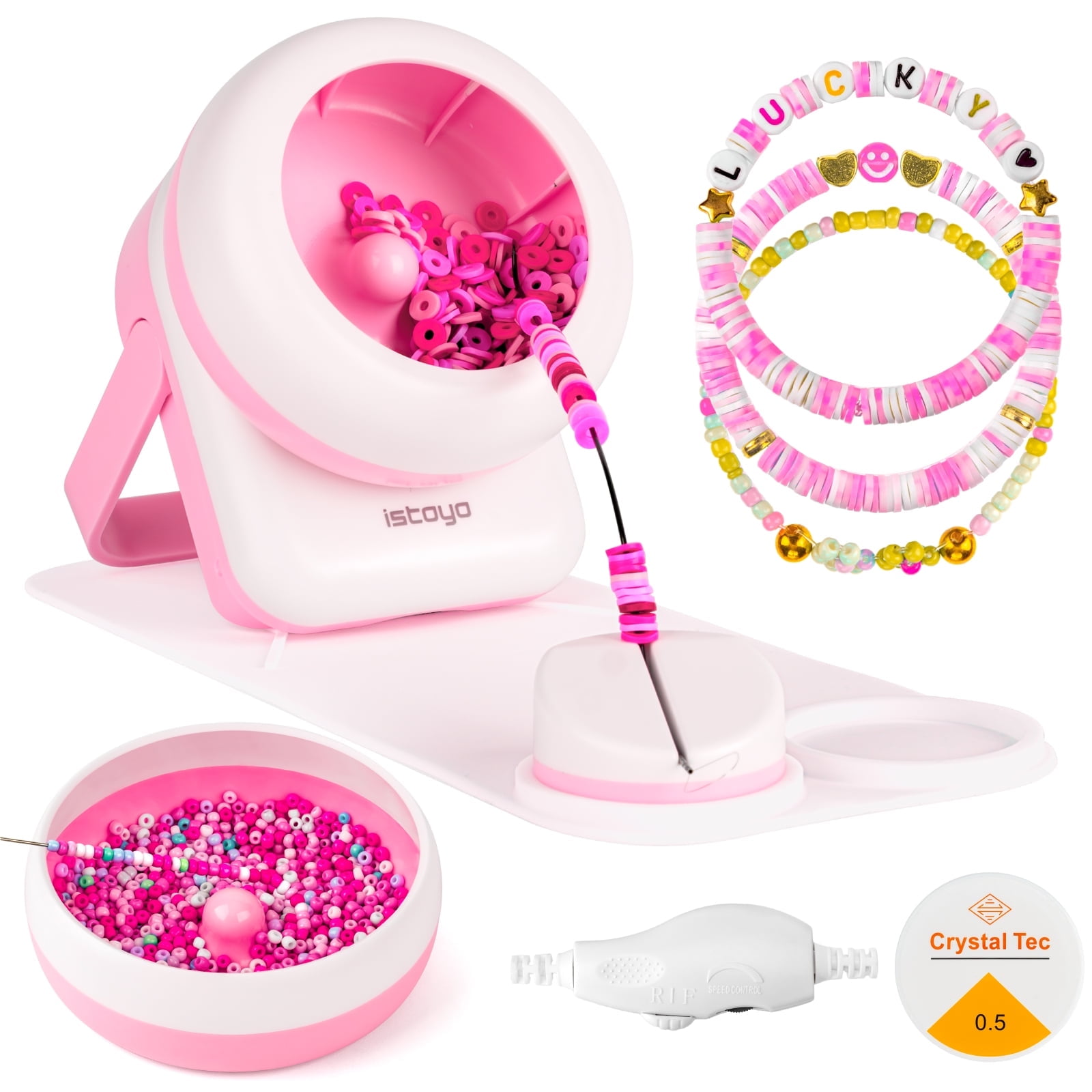 ISTOYO 2IN1 Adjustable Electric Clay and Seed Bead Spinner - Dual-Purpose Jewelry Making Tool with Big Eye Beading Needle - Ideal for Bracelets and Necklaces - Vibrant Pink