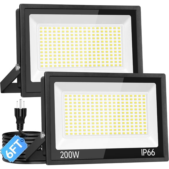 ISUERFY 200W LED Flood Light Outdoor with Plug, 24000Lm Super Brighter Security Light, IP66 Waterproof Worklight, 5000K Daylight White Exterior Floodlight for Yard Garden Garage Stadium(2 Pack)