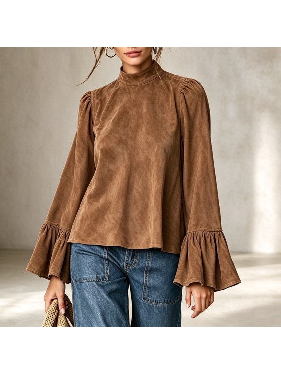Blouse Suede Texture Fabric Mock Neck Design Puff Shoulder Detail Flared Sleeve Cut Relaxed Swing Silhouette Casual Top For Daily Wear