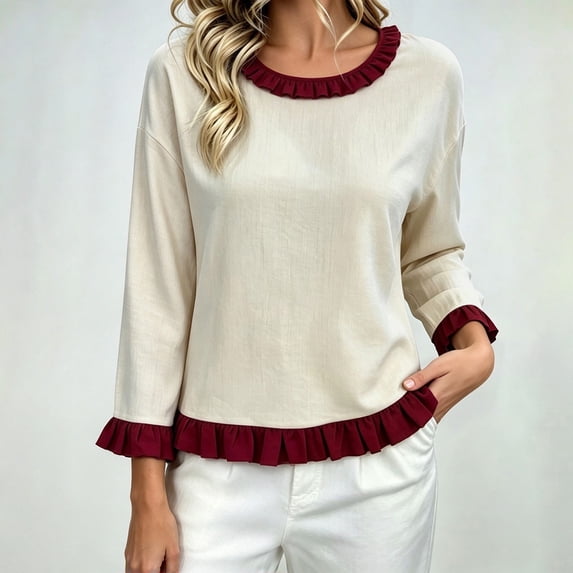 ISUHAZBO Long Sleeve Blouse Round Neck Design Contrast Ruffle Trim ...