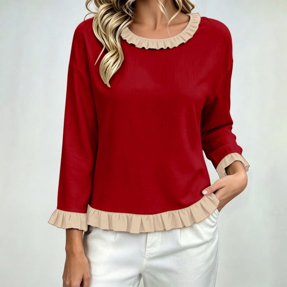 ISUHAZBO Long Sleeve Blouse Round Neck Design Contrast Ruffle Trim ...