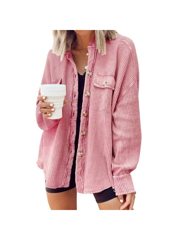 Women's Button Down Shirts Oversized Corduroy Long Sleeve Knit Shacket Shirt Jacket for Fall L