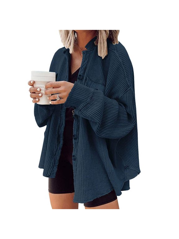 Women's Button Down Shirts Oversized Long Sleeve Knit Shacket Shirt Fall Top