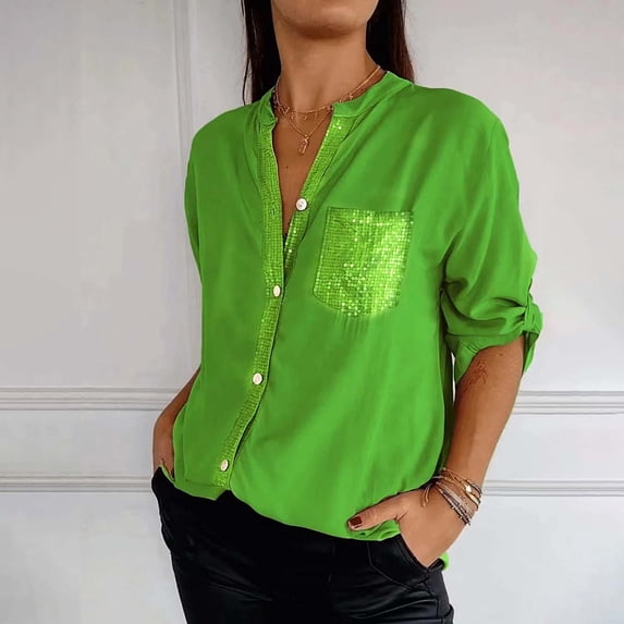 ISUHAZBO Women's Button Down Shirts V Neck Collared Button Up Blouse ...