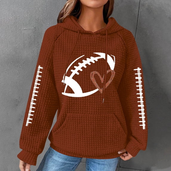 ISUHAZBO Women's Hoodies Sweatshirt Knit Football Graphic Long Sleeve Hooded Pullover Sweatshirt Casual Sporty Top M