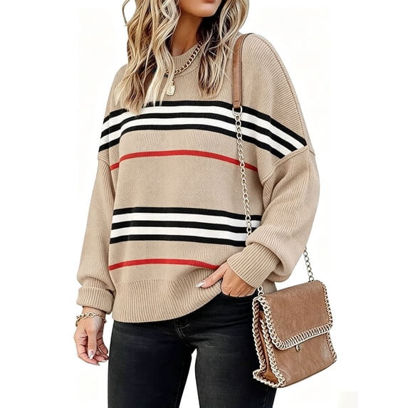 ISUHAZBO Womens Knit Pullover Sweater Oversized Striped Crew Neck Long Sleeve Loose Knit for Fall Winter Clothes Fall Sweater for Women M