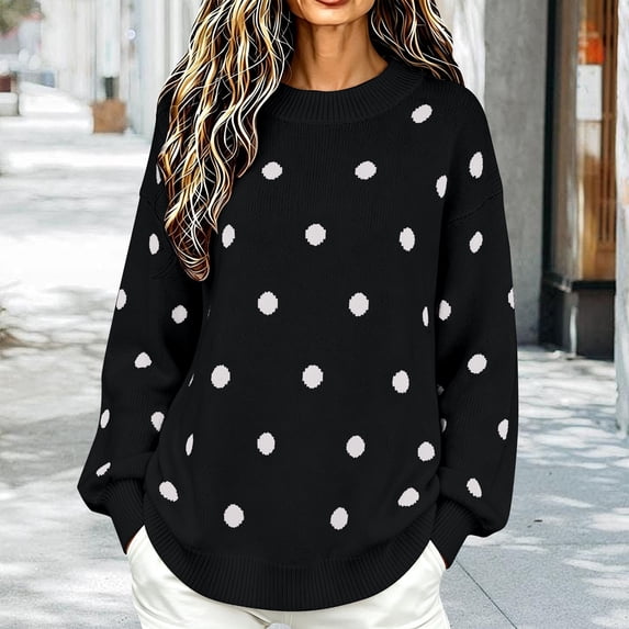 ISUHAZBO Womens Knit Pullover Sweater Polka Dot Crew Neck Long Sleeve Sweater Basic Casual Daily Wear Loose Fit Fall Winter Clothes S