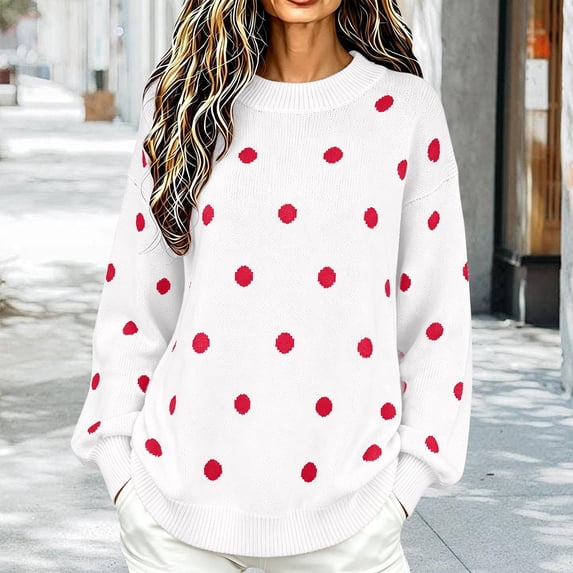 ISUHAZBO Womens Knit Pullover Sweater Polka Dot Crew Neck Long Sleeve Sweater Basic Casual Loose Fit Fall Winter Clothes XL