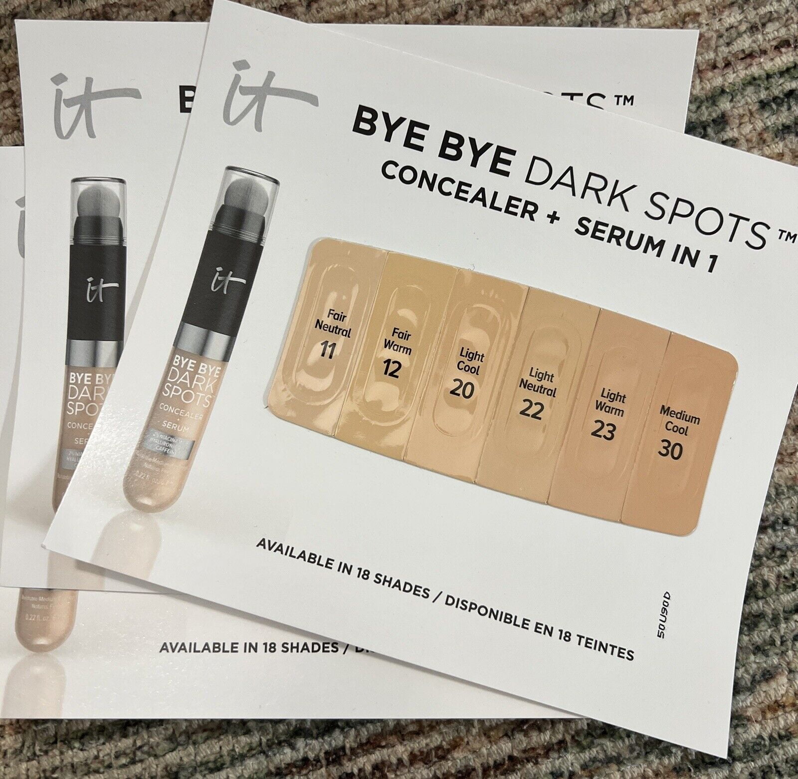 IT COSMETICS Bye Bye Dark Spots Concealer + Serum Sample Card Fair/Light X 3 New