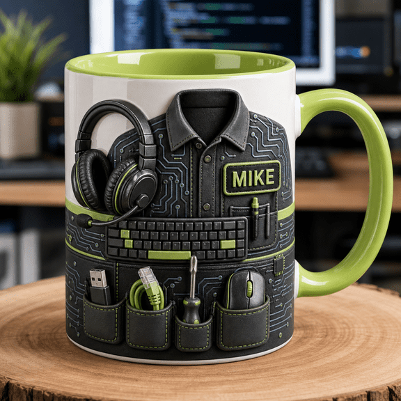 IT Dad Accent Mug Custom Name Father’s Day Gift with Keyboard Circuit Board Headset Design