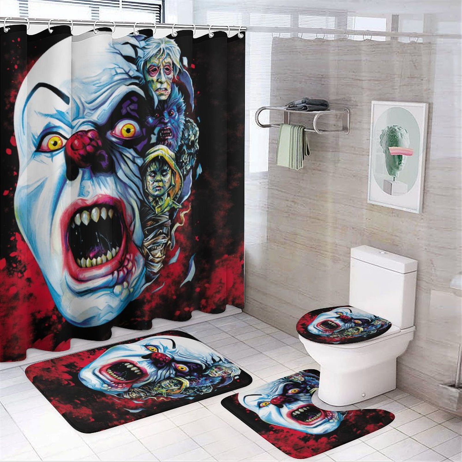 IT Halloween Cartoon Shower Curtain Set with Antislip Carpet, Toilet