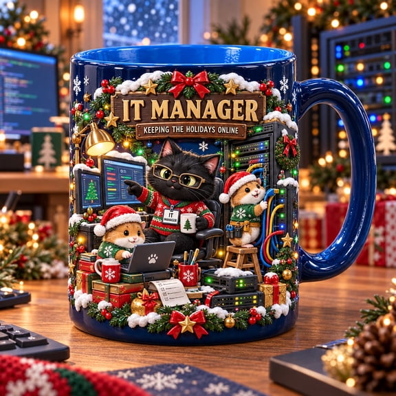 IT Manager Mug, Festive Cat and Hamster Ceramic Coffee Cup for Tech Support Gift