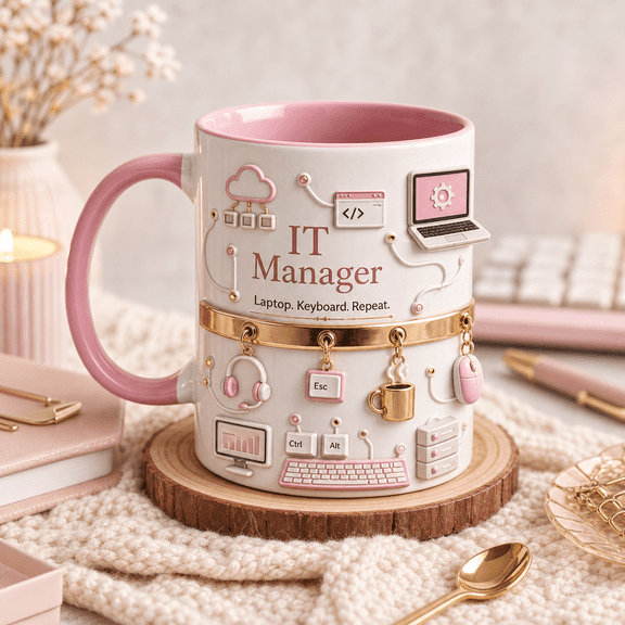IT Manager Mug Pink Coffee Cup with Laptop Keyboard Design Gift for Tech Professionals