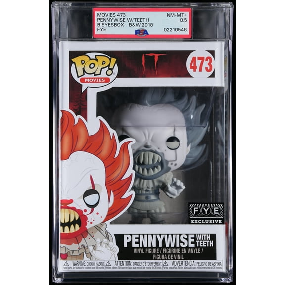 IT, PSA Graded 8.5 NM-MT+, Pennywise w/Teeth (FYE) Collectible Vinyl Figure #473, Fully Encapsulated Bundle with Compatible Funko Pop! PSA Hard Protector Case