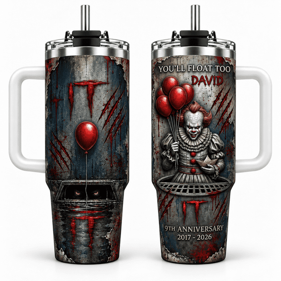 IT Pennywise 40oz Tumbler With Handle, Red Balloon Horror Clown 9th Anniversary Stainless Steel Insulated Travel Cup