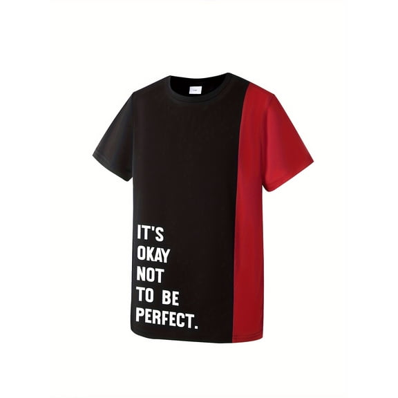 IT'S OK NOT TO BE PERFECT Print Short Sleeve T-shirt, Casual Trendy Color Block Summer Tops, Boy's Clothing 7-15