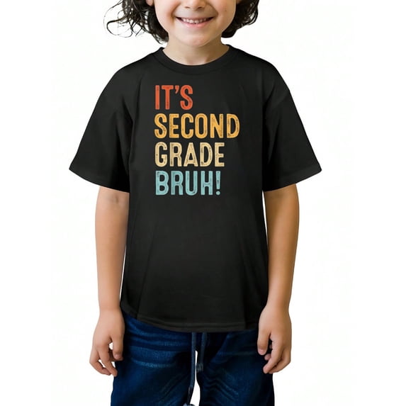 MAWOTEA IT'S SECOND GRADE BRUH ! Letter Print Summer Graphic T-shirts for Outdoor Sports and Daily Wearing, Young Boys T-Shirts, Size from 3-13Y