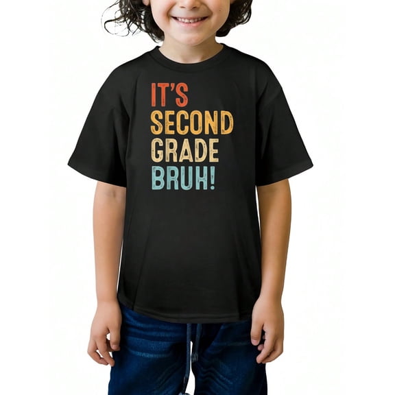 IT'S SECOND GRADE BRUH ! Letter Print Summer Graphic T-shirts for Outdoor Sports and Daily Wearing, Young Boys T-Shirts, Size from 3-13Y
