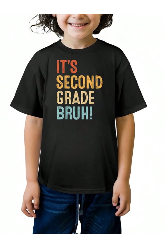 IT'S SECOND GRADE BRUH ! Letter Print Summer Graphic T-shirts for Outdoor Sports and Daily Wearing, Young Boys T-Shirts, Size from 3-13Y