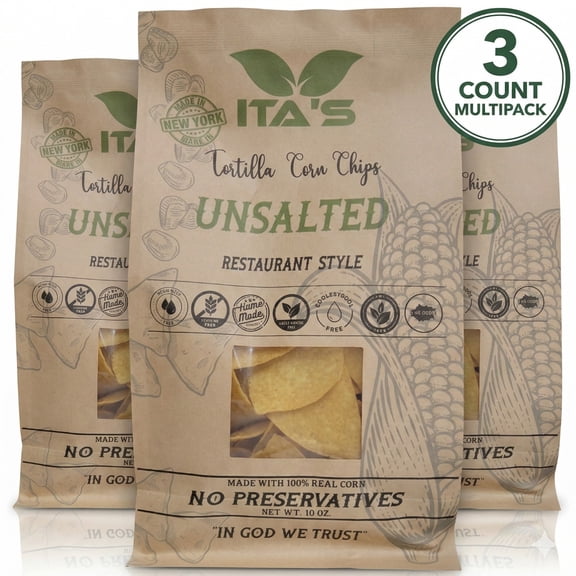ITA'S FOODS Unsalted Tortilla Chips Restaurant Style, No Preservatives, Gluten Free, Small Batch Crafted in New York (3 Pack)