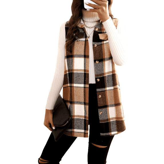 ITAFIT Plaid Printed Cardigan with Buttons Vest, Elegant Lapel Sleeveless Vest with Pockets, Women's Clothing