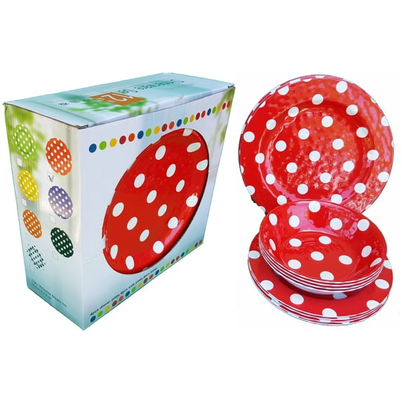 Italia Gifts & Frames 30202 11 in. Melamine Polka Dot Dinner Set, Red - 12 Piece