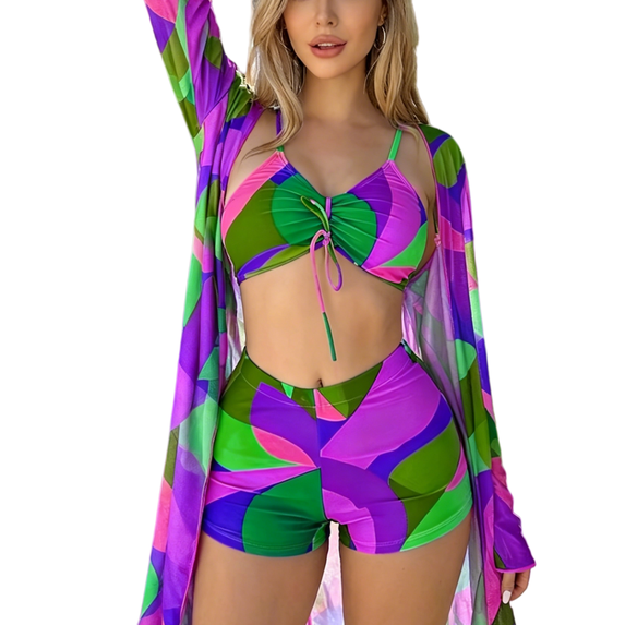 ITAWES 3 Piece Bikini Set with Long Sleeve Cover Up, High Waisted Colorful Drawstring Swimsuit for Beach Pool Vacation