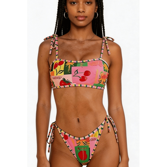 ITAWES Women's Two Piece Fruit Print Bikini Set, Tie Strap Bandeau Top, High Cut Side Tie Swim Bottoms Summer Swimsuit for Beach Vacation