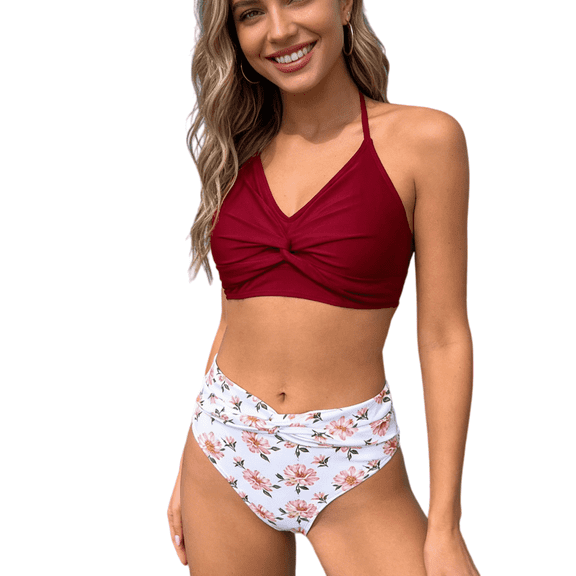 ITAWES Women's Mid Waist Bikini Set, Halter Two Piece Swimsuit, Stylish Bathing Suit for Beach & Pool
