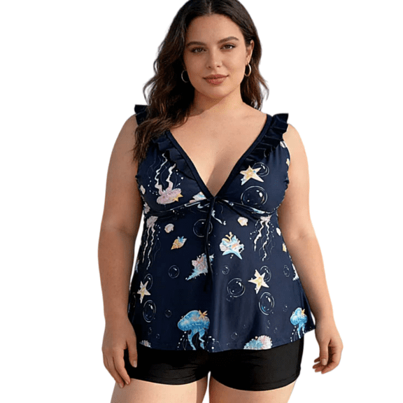 ITAWES Women's Two Piece Tankini Swimsuit Tummy Control V-Neck Ruffled Top with High Waisted Boyshort Bottom