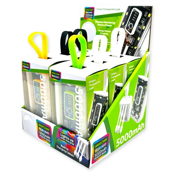 ITEM NUMBER 023880 LED TRANSPARENT POWER BANK 6 PIECES PER DISPLAY